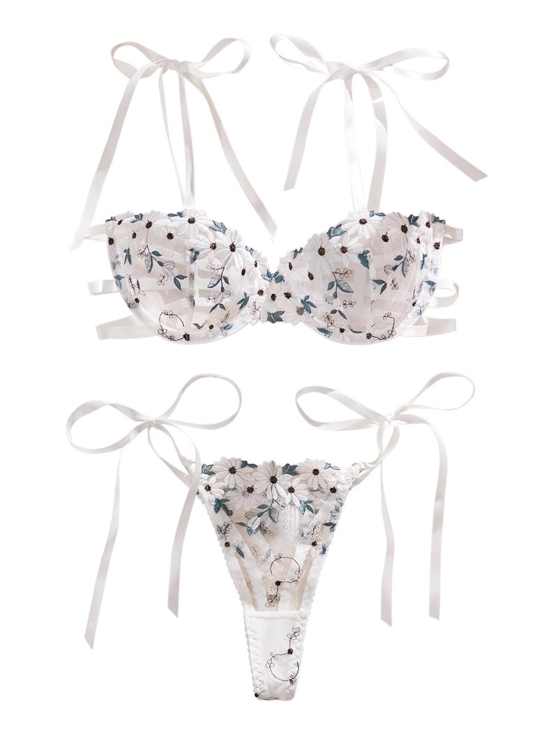 Lilosy Sexy Tie Side Embroidered Underwire Push Up Cute Strappy Mesh Sheer Bachelorette Lingerie Set Women See Through Bra and Panty 2 Piece Flower White Medium - Image 1
