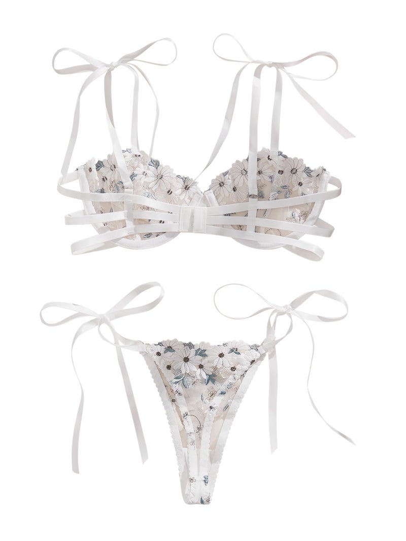Lilosy Sexy Tie Side Embroidered Underwire Push Up Cute Strappy Mesh Sheer Bachelorette Lingerie Set Women See Through Bra and Panty 2 Piece Flower White Medium - Image 2