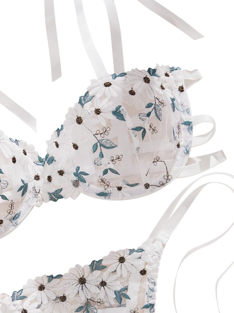 Lilosy Sexy Tie Side Embroidered Underwire Push Up Cute Strappy Mesh Sheer Bachelorette Lingerie Set Women See Through Bra and Panty 2 Piece Flower White Medium - Image 3