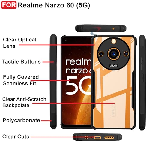 CEDO Backcover for Realme Narzo 60 (5G) | Camera Protection Shockproof Bumper-Edge | Acrylic Crystal Clear 360 Degree Protection TPU+PC | Transparent Eagle Back Case Cover (Black) - Image 5