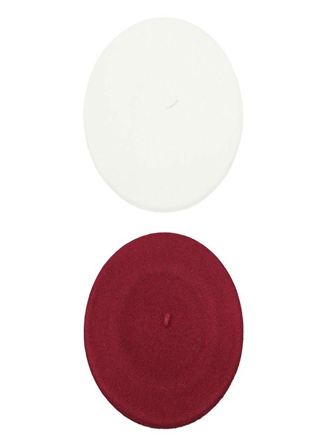 ICSTH French Beret - Wool Solid Color Womens Beanie Cap Hat (One Size, 2PCS White and Wine RED)