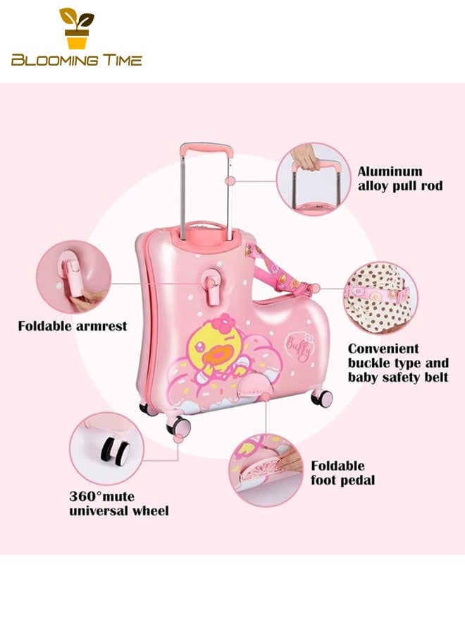 BLOOMING TIME Mount Trolley Case Children's Luggage Riding Little Yellow Duck Suitcase Comes With Retractable Handle And Pedal, Pink - Image 5