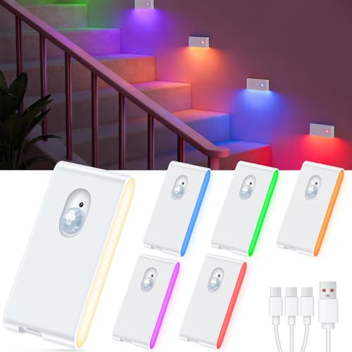WILLED Stair Lights Indoor, RGB & Warm White Motion Sensor Night Light, Color Changing Motion Sensor Light Indoor, Rechargeable Night Light for Stair,Hallway,Bathroom,Cabinet,Closet,Kitchen,6 Pack - Image 1
