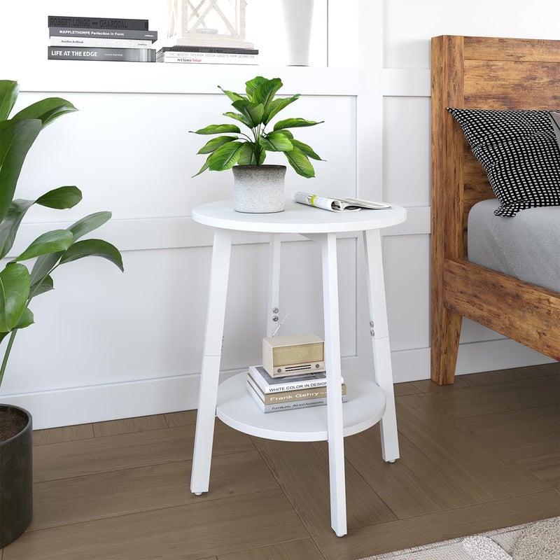sthmec Side Table, Small Round End Table with Storage Shelf for Small Space, 2-Tier Bedside Table Sofa Couch Table, Round Accent Table Nighstands for Living Room, Bedroom,White - Image 2