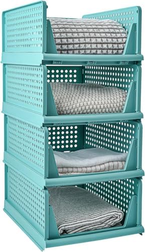 JEYANG Stackable Wardrobe Organizer for Clothes Multipurpose Foldable Plastic Closet Storage Cupboard for Home Kitchen Bedroom Pack of 2 Blue - Image 1