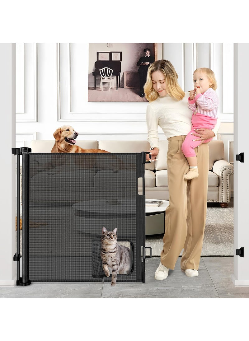 XiuWoo Retractable Baby Gates Retractable Dog Gate with Cat Door Walk Through Baby Gates for Dogs Indoor Baby Gate with Door Outdoor Pet Gate for Cats Cat Gate for Doorway Dog Gate for Stairs, Black  - Image 1