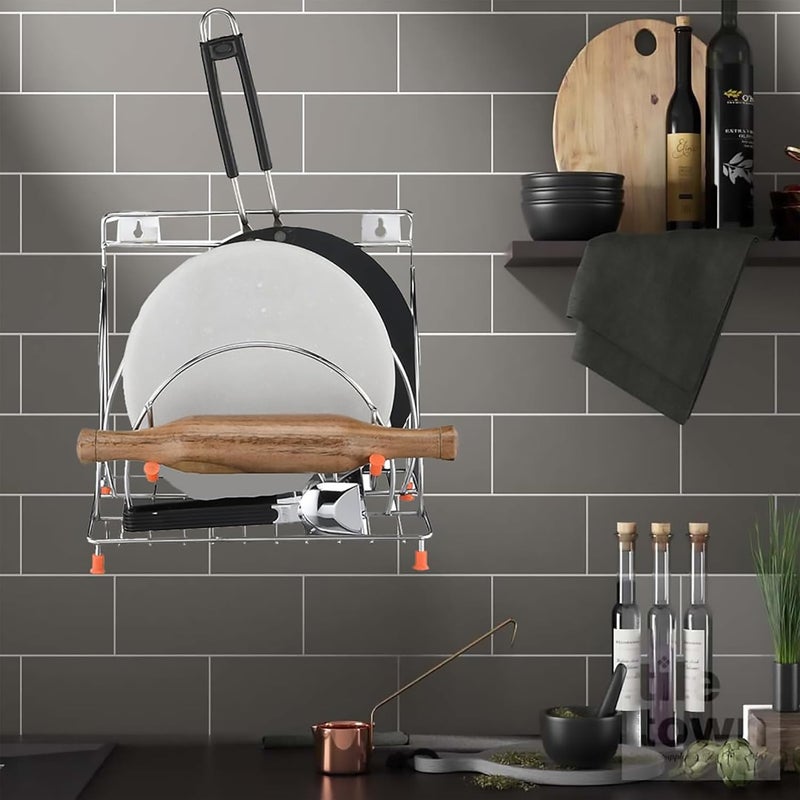 Fastro Fastro Stainless Steel 4in1 Chakla Belan Tawa Chimta Stand for Kitchen Organizer WallMount Rack for Rolling Pin Board and Tong Holder Corner Shelf Only Stand Floating Shelves  - Image 4