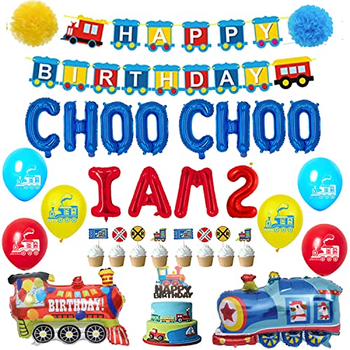 Finypa Choo Choo Im Two Birthday Banner for Two Year Old Boy Happy Birthday Party Decorations Supplies for Railroad Party - Image 1