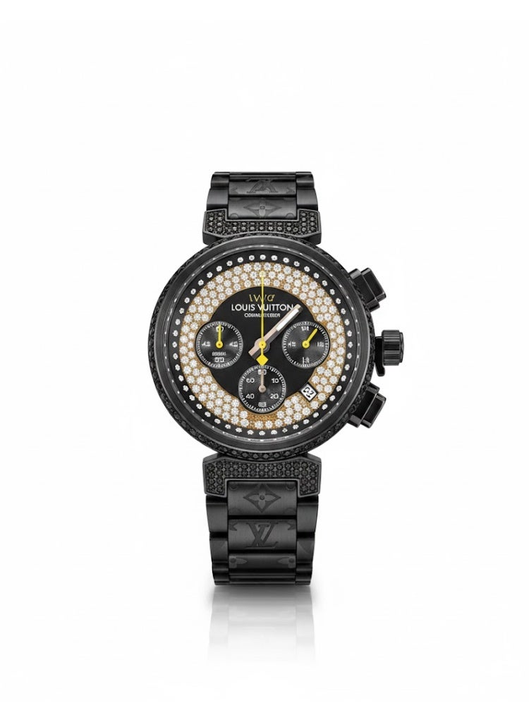 لويس فويتون ساعة لويس فويتون كرونوغراف سوداء فاخرة بمينا كريستالي - سوار من الفولاذ المقاوم للصدأ