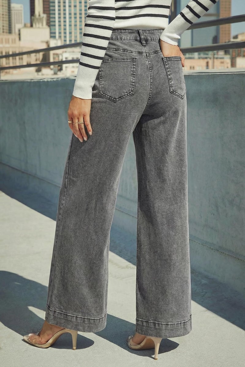 Dokotoo Wide Leg Loose Stretch Jeans for Women Casual High Waisted Cargo Jeans Denim Pants Light French Medium Grey Size 12 - Image 4