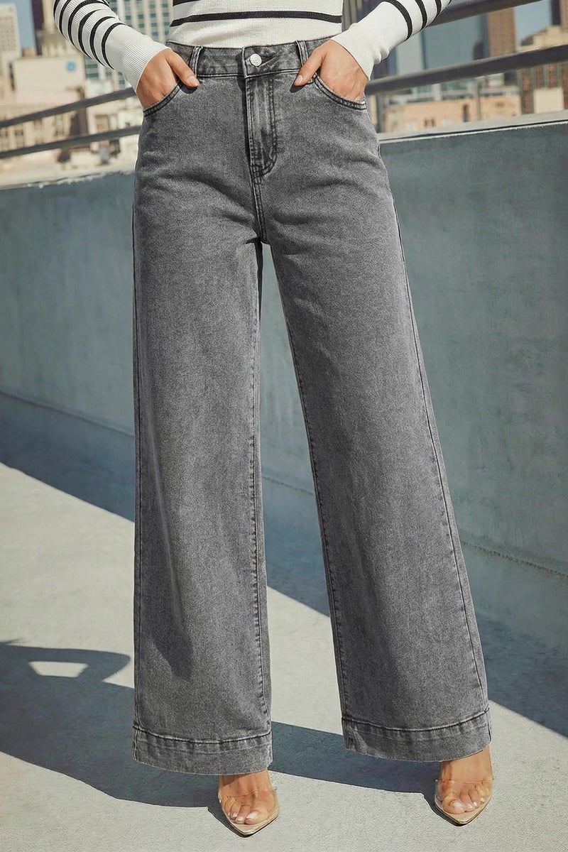Dokotoo Wide Leg Loose Stretch Jeans for Women Casual High Waisted Cargo Jeans Denim Pants Light French Medium Grey Size 12 - Image 2