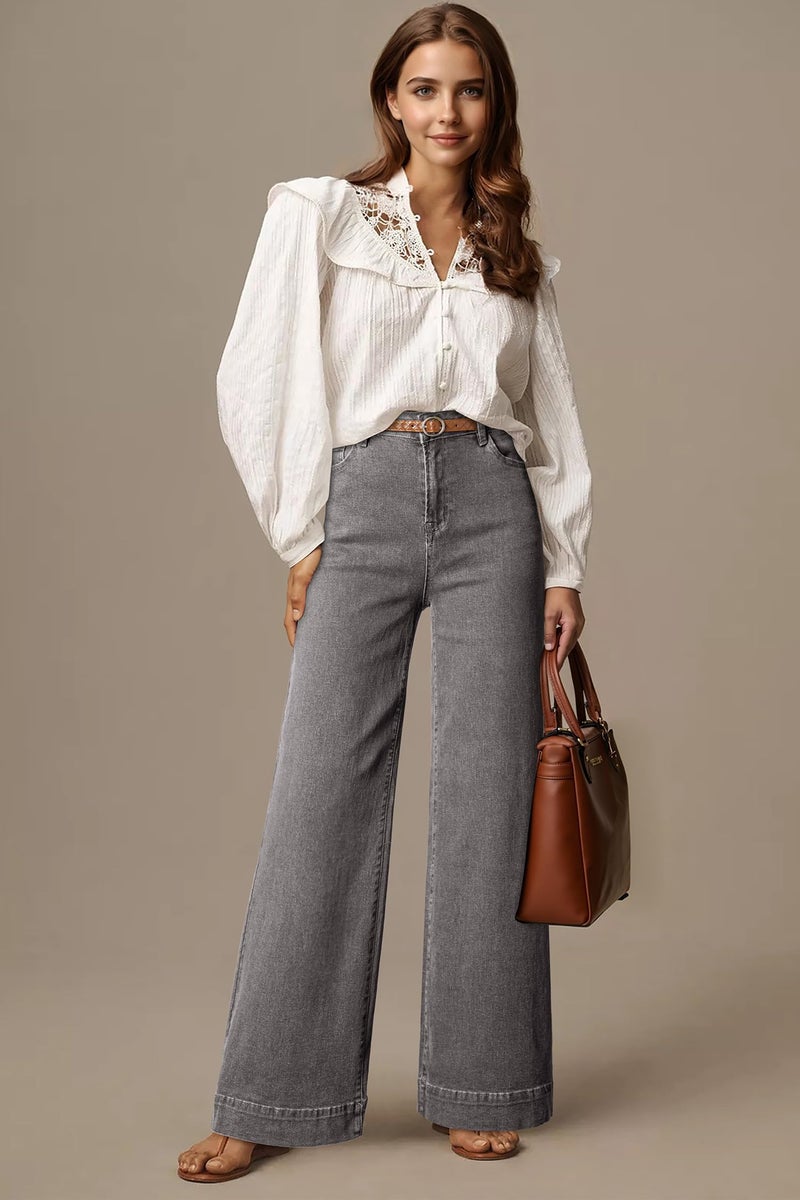 Dokotoo Wide Leg Loose Stretch Jeans for Women Casual High Waisted Cargo Jeans Denim Pants Light French Medium Grey Size 12 - Image 5