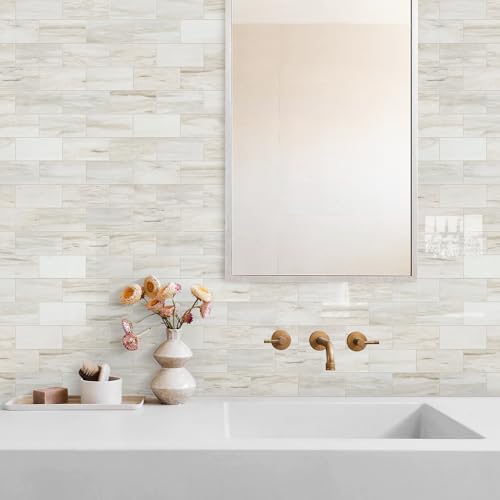 Vamos Tile بلاط فاموس 100 قطعة لامع خشبي بتصميم رخام، بلاط خلفية لاصق 3''x6'' من PVC مع جص أبيض، بلاط خلفية لاصق للمطبخ/الحمام/المدفأة - Image 4