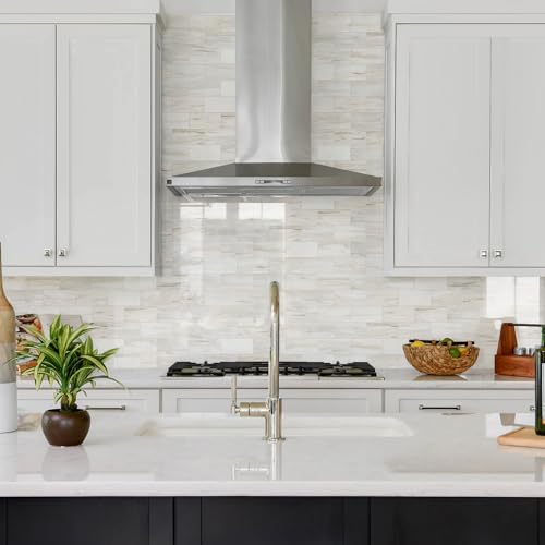 Vamos Tile بلاط فاموس 100 قطعة لامع خشبي بتصميم رخام، بلاط خلفية لاصق 3''x6'' من PVC مع جص أبيض، بلاط خلفية لاصق للمطبخ/الحمام/المدفأة - Image 3