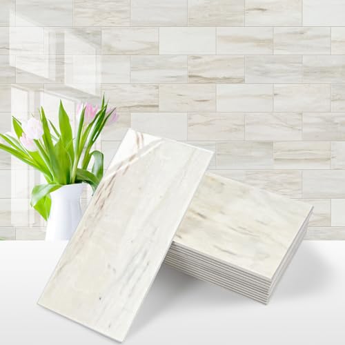 Vamos Tile بلاط فاموس 100 قطعة لامع خشبي بتصميم رخام، بلاط خلفية لاصق 3''x6'' من PVC مع جص أبيض، بلاط خلفية لاصق للمطبخ/الحمام/المدفأة - Image 1