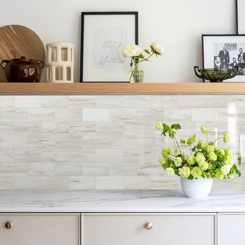 Vamos Tile بلاط فاموس 100 قطعة لامع خشبي بتصميم رخام، بلاط خلفية لاصق 3''x6'' من PVC مع جص أبيض، بلاط خلفية لاصق للمطبخ/الحمام/المدفأة - Image 2