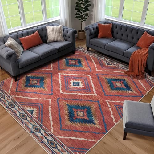 BESTSWEETIE Area Rug 6x9 Rug Machine Washable Non-Slip Low Pile Print Pattern Western Rug for Living Room Bedroom Entryway Tribal Series -Red/Orange - Image 1