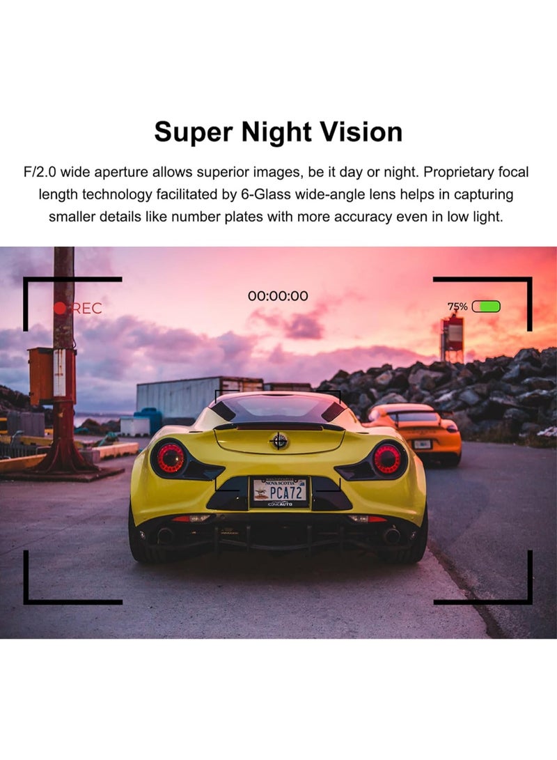 بلو فاير كاميرا سيارات 3 عدسات مع وايفاي ومرآة الرؤية الخلفية، 1080P أمامية + داخلية + خلفية، زاوية واسعة 170°， رؤية ليلية فائقة، مستشعر الصدمات، تسجيل دائري، وضع انتظار 24 ساعة ومساعد الرجوع للخلف - Image 3