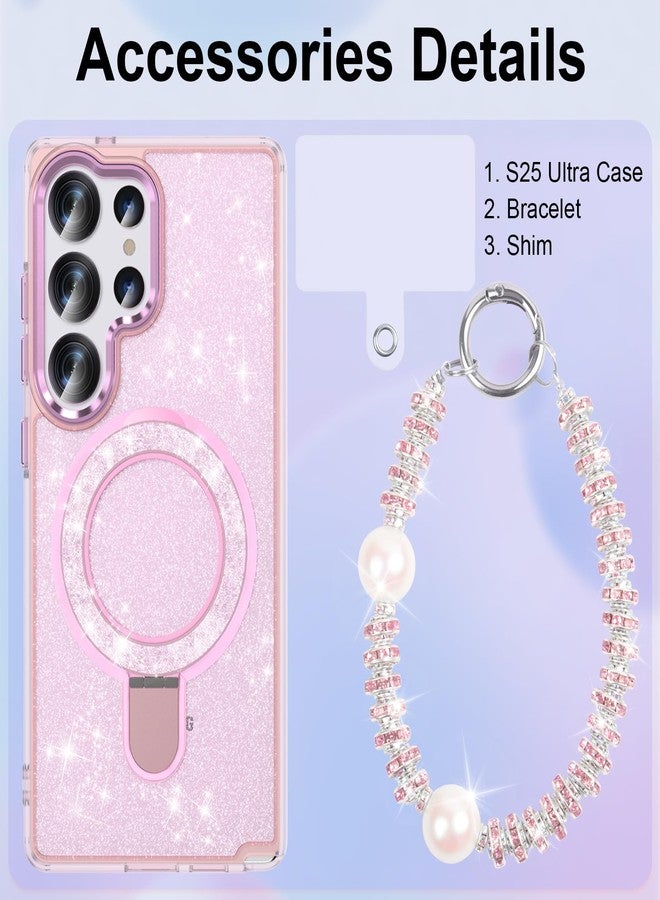 WATACHE for Samsung Galaxy S25 Ultra Case, Glitter Sparkle Bling Heavy Duty Shockproof Protective with Kickstand, Anti-Scratch Cover Case for Samsung Galaxy S25 Ultra(Pink with Bracelet) - Image 4