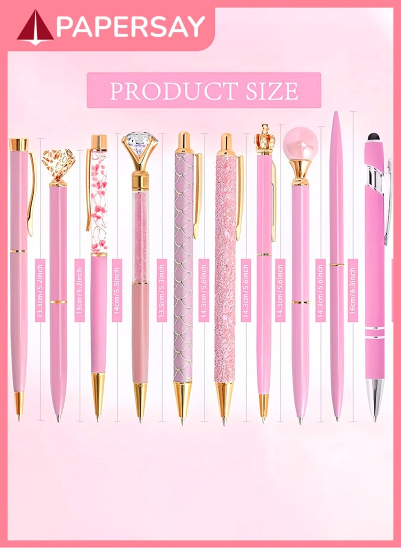 PAPERSAY 10 Pcs Ballpoint Pen for Women and Girls, Fancy Black Ink Pens,Metal Crystal Diamond Pen Glitter Pen, Gifts for Journaling , Office Desk Supplies, School Stationery Supplies.(Pink)  - Image 2