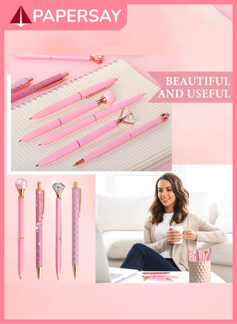 PAPERSAY 10 Pcs Ballpoint Pen for Women and Girls, Fancy Black Ink Pens,Metal Crystal Diamond Pen Glitter Pen, Gifts for Journaling , Office Desk Supplies, School Stationery Supplies.(Pink)  - Image 3