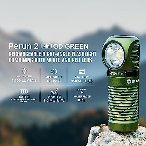 OLIGHT Perun 2 Mini Headlamp 1100 Lumens LED Head Flashlight, Rechargeable Headlight with Red Light Option, Great for Working, Hiking, Camping and Climbing (OD Green Cool Whtie Light: 5700~6700K) - Image 2
