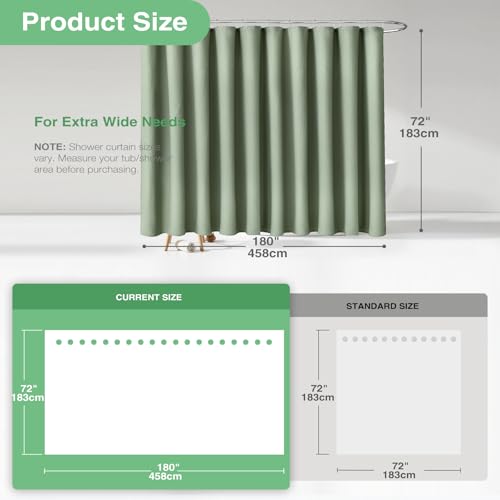 Dynamene Extra Wide Shower Curtain - 180 Inch Wide Waffle Weave Weighted Thick Cloth Bathroom Shower Curtain, Neutral Heavy Duty Hotel Bath Curtain Set with 32 Plastic Hooks,180x72, Sage Green - Image 3