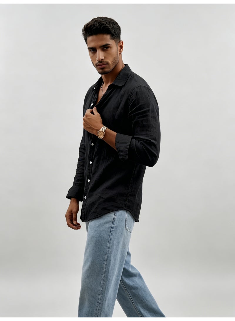 زارا ZARA Men’s Black Relaxed Long Sleeve Linen Blend Button Down Shirt - Image 2