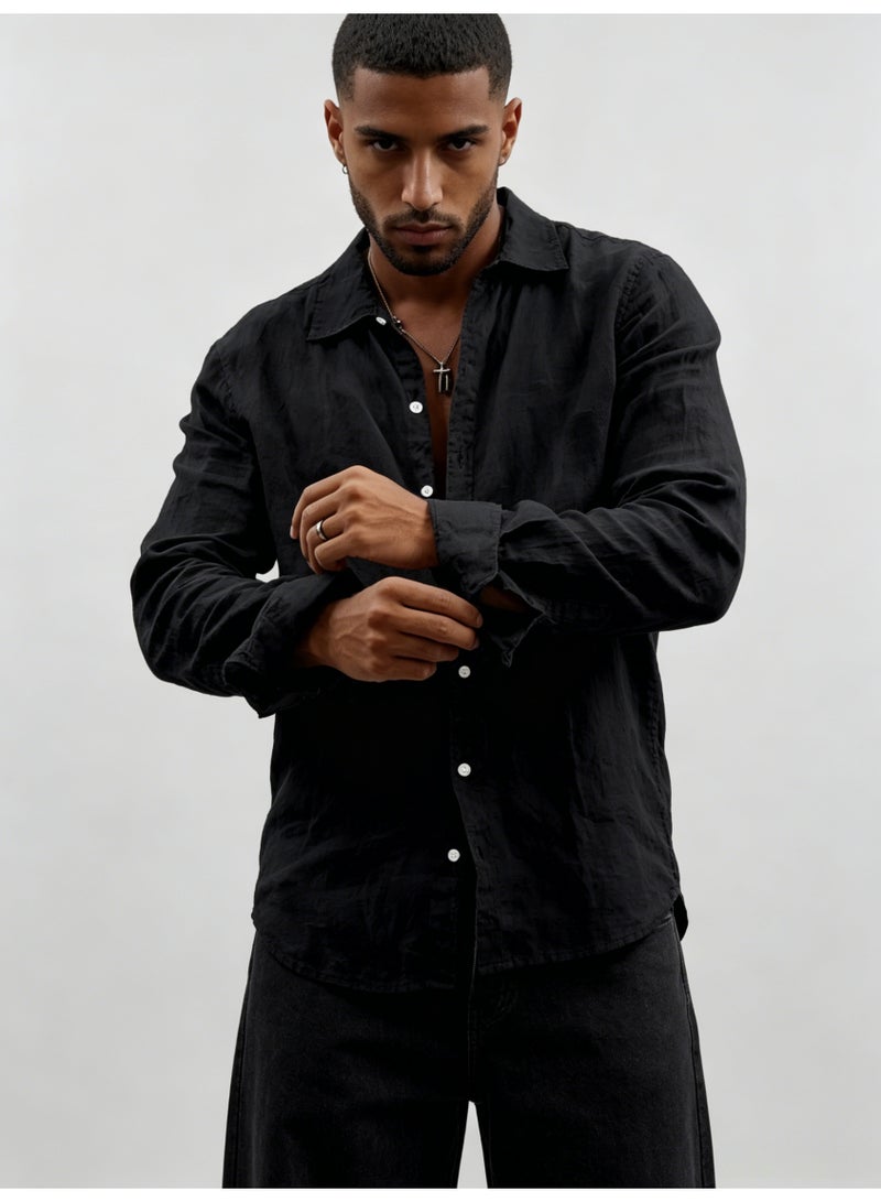 زارا ZARA Men’s Black Relaxed Long Sleeve Linen Blend Button Down Shirt - Image 4