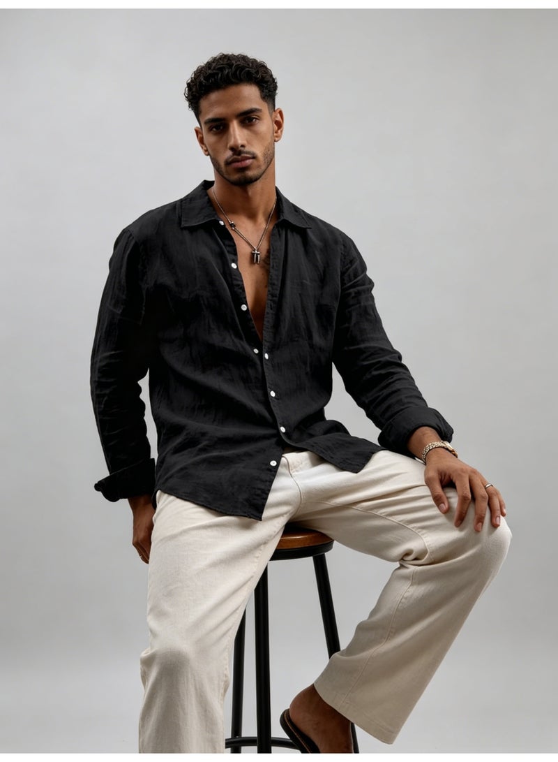 زارا ZARA Men’s Black Relaxed Long Sleeve Linen Blend Button Down Shirt - Image 3