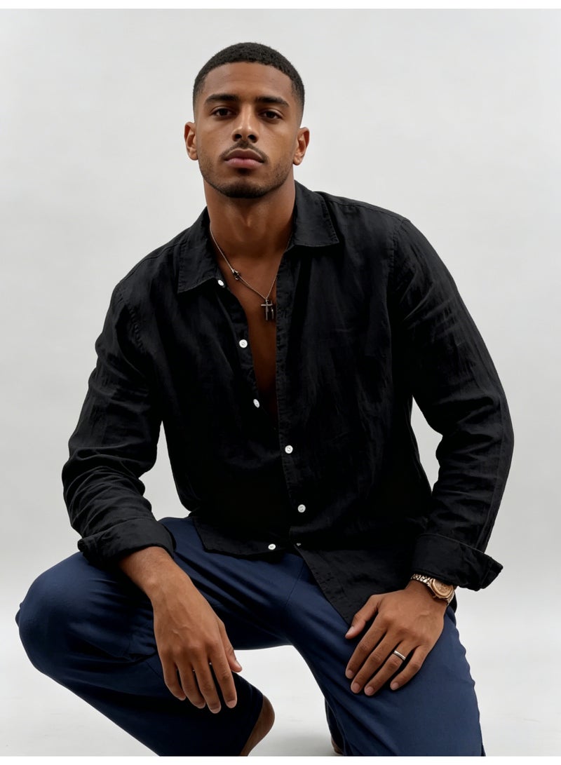 زارا ZARA Men’s Black Relaxed Long Sleeve Linen Blend Button Down Shirt - Image 1