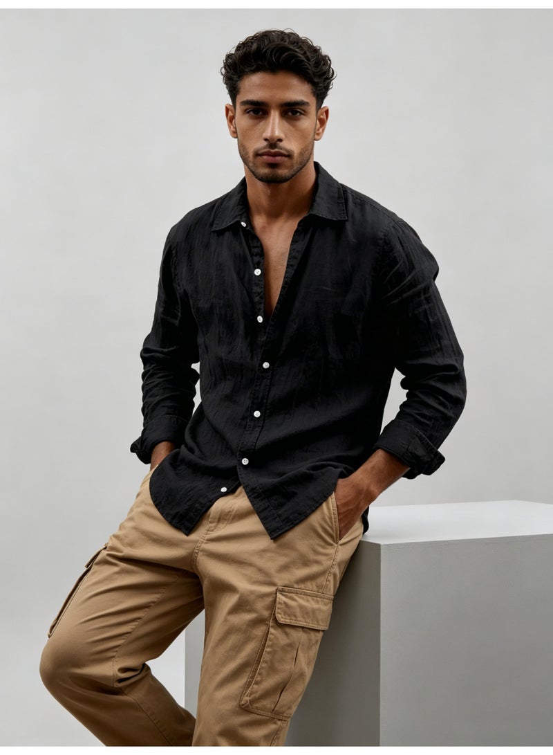 زارا ZARA Men’s Black Relaxed Long Sleeve Linen Blend Button Down Shirt - Image 5