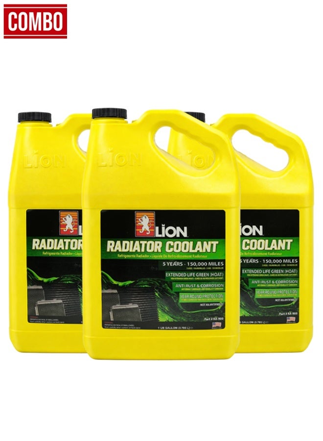 ليون سائل تبريد الرادياتير LION طويل الأمد أخضر HOAT سعة 3.785 لتر (3 عبوات) سائل تبريد جاهز للاستخدام، مخلوط مسبقًا، حماية لمدة 5 سنوات أو 150000 ميل، تركيبة مضادة للصدأ والتآكل، يمنع ارتفاع درجة الحرارة، سائل تبريد عالمي للسيارات وسيارات الدفع الرباعي والمركبات التجارية الخفيفة - Image 1