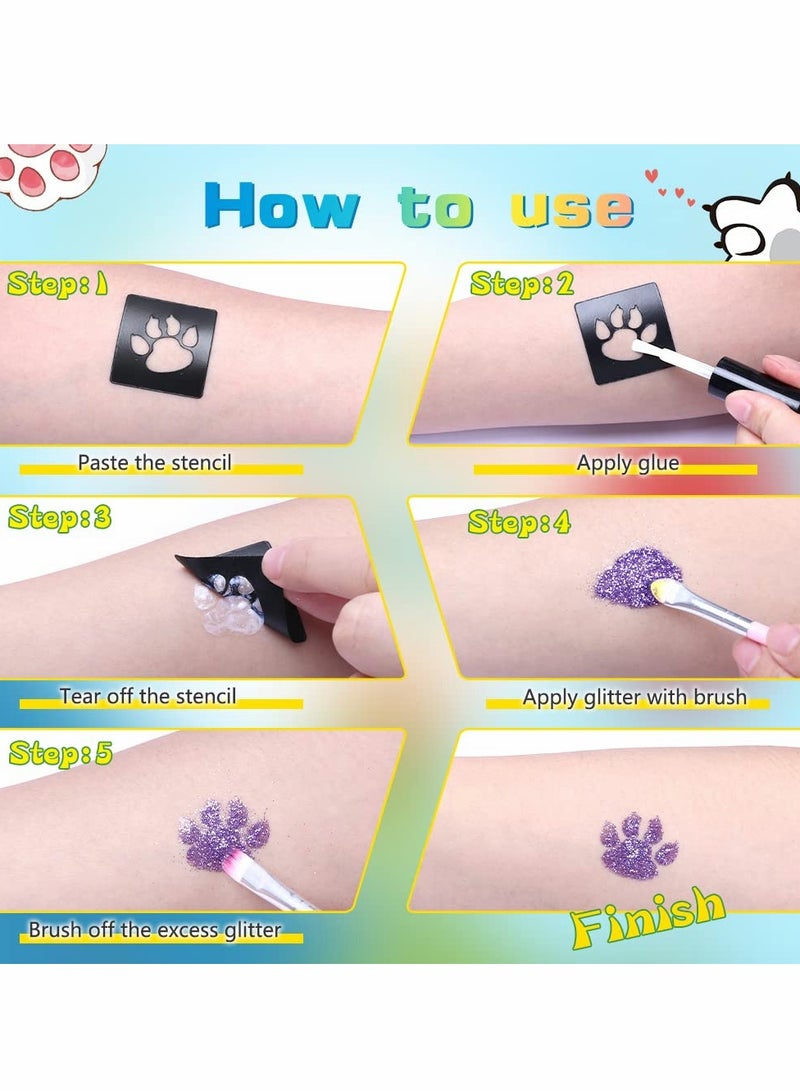 Excefore 30 Colors Temporary Glitter Tattoo Kit Waterproof Body Glitter Tattoos Perfect Gifts for Kids Boys Girls Festival Party - 24 Glitter Powder 6 Glow Powder 105 Unique Stencils 5 Brushes 2 Glue - Image 5