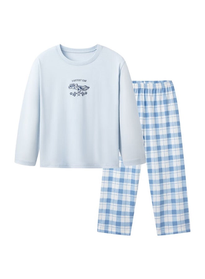 THREEGUN طقم ملابس منزلية للأطفال من ثريغون قطن ناعم بأكمام طويلة وياقة دائرية وسروال طويل لون أزرق فاتح 110 - Image 2