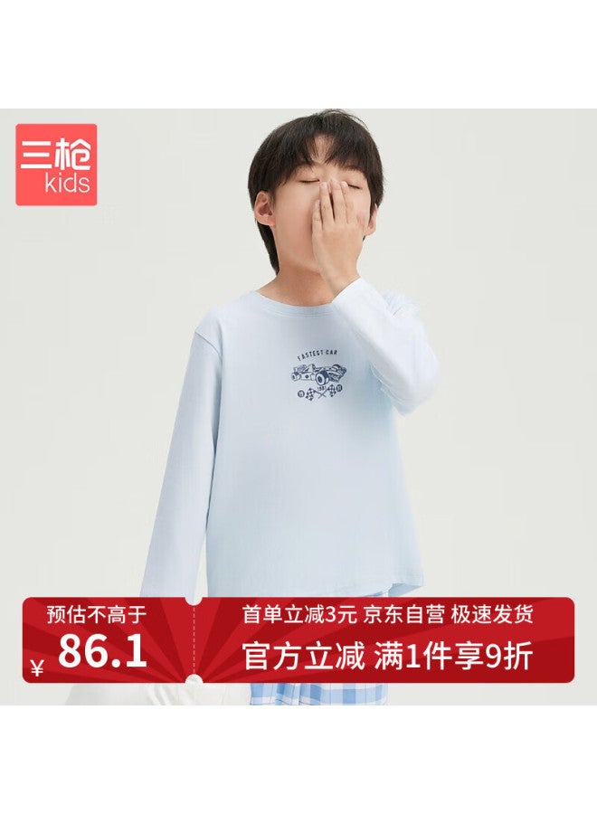 THREEGUN طقم ملابس منزلية للأطفال من ثريغون قطن ناعم بأكمام طويلة وياقة دائرية وسروال طويل لون أزرق فاتح 110 - Image 1