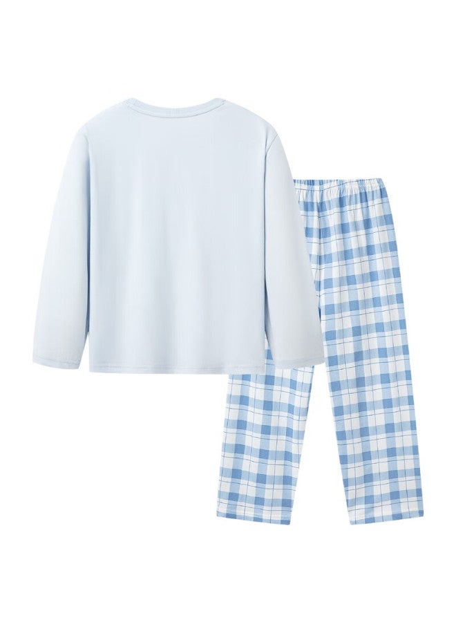 THREEGUN طقم ملابس منزلية للأطفال من ثريغون قطن ناعم بأكمام طويلة وياقة دائرية وسروال طويل لون أزرق فاتح 110 - Image 3
