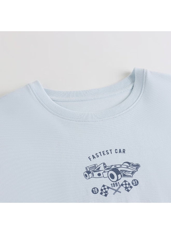 THREEGUN طقم ملابس منزلية للأطفال من ثريغون قطن ناعم بأكمام طويلة وياقة دائرية وسروال طويل لون أزرق فاتح 110 - Image 4