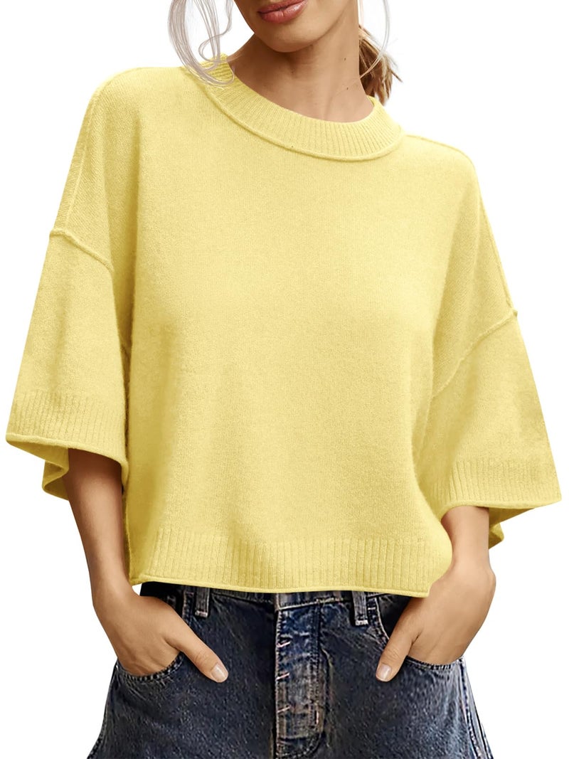 Saodimallsu Womens Short Sleeve Sweater Summer Oversized Cropped Sweaters Casual Crewneck Lightweight Knit Tops - Image 1