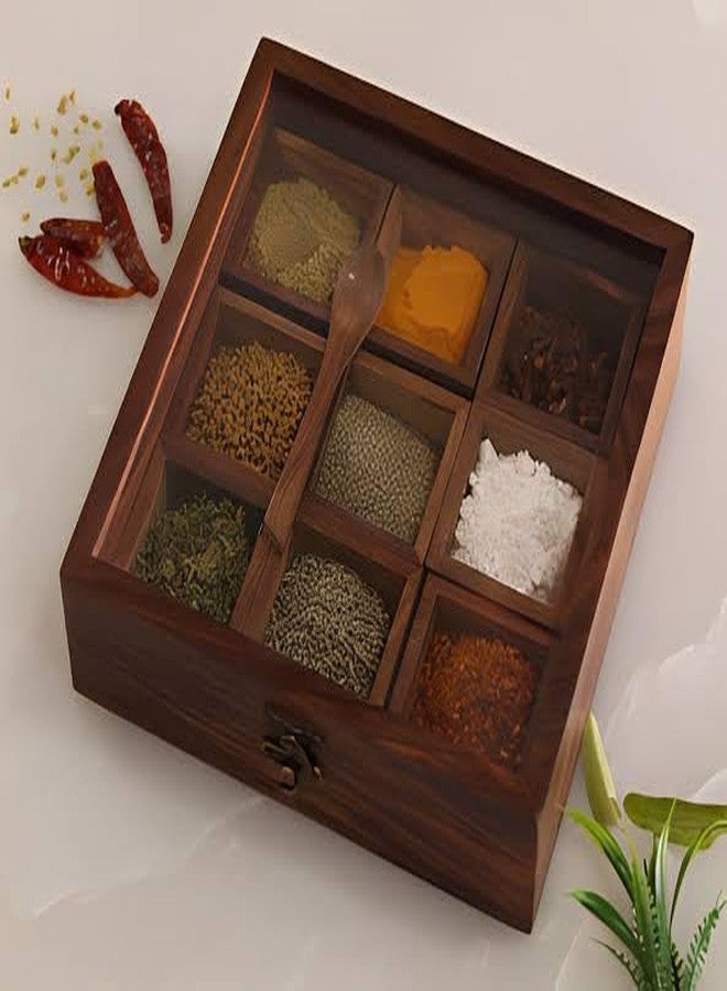 UMAAS® Spice Box for Kitchen with 2 Spoons/Sheesham Wooden Table Top Masala Dabba 9 Containers Jars & Kitchen Spice Box/Masala Box for Kitchen (Removable Partitions, Brown), an*13 - Image 1
