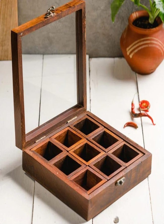 UMAAS® Spice Box for Kitchen with 2 Spoons/Sheesham Wooden Table Top Masala Dabba 9 Containers Jars & Kitchen Spice Box/Masala Box for Kitchen (Removable Partitions, Brown), an*13 - Image 4