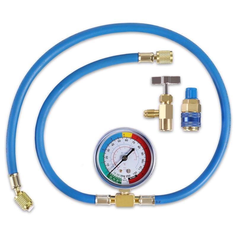 YSTOOL AC U Charge Hose with Gauge Car Refrigerant R134a Recharge Tool Kit Auto Air Conditioner Charging Hose 250PSI Low Pressure Meter Brass 14 Female Parts R134a Can Tap Quick Coupler