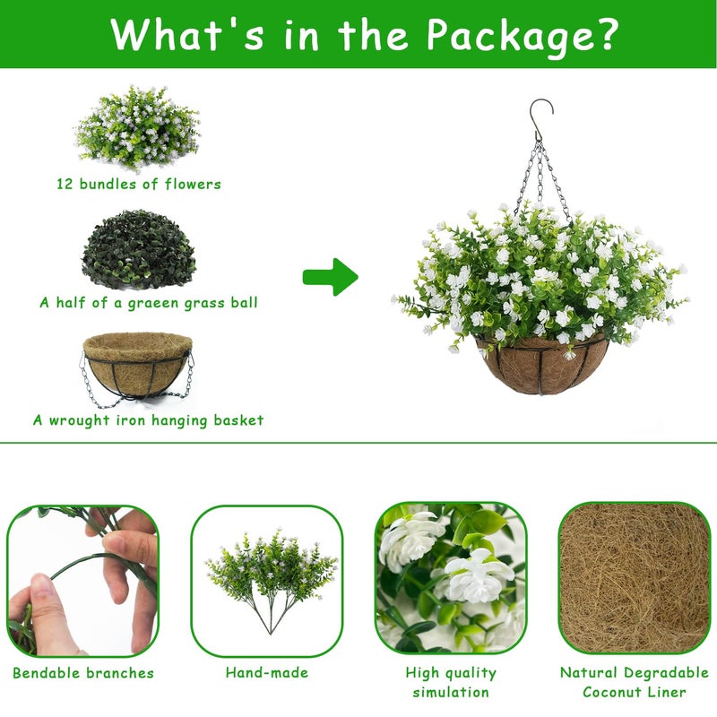BCBLF Artificial Hanging Flowers Basket, 12 UV-Resistant Bundles of Realistic Fake Flowers, Faux Plants for Outdoor Decor, Home, Garden, Porch, Patio, Spring & Summer Decorations, White - Image 2