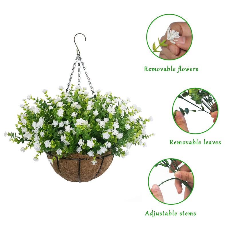 BCBLF Artificial Hanging Flowers Basket, 12 UV-Resistant Bundles of Realistic Fake Flowers, Faux Plants for Outdoor Decor, Home, Garden, Porch, Patio, Spring & Summer Decorations, White - Image 3