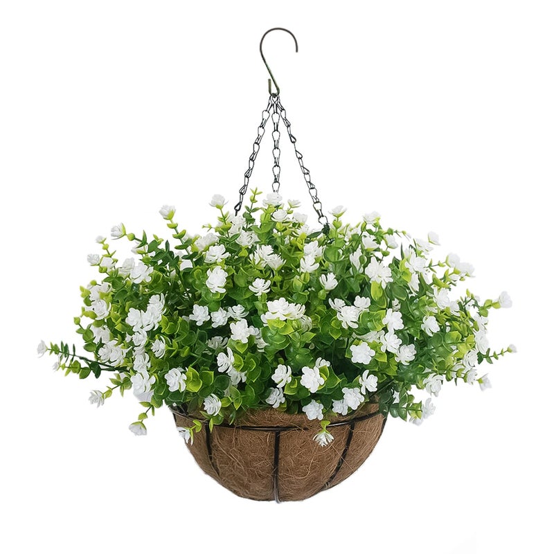 BCBLF Artificial Hanging Flowers Basket, 12 UV-Resistant Bundles of Realistic Fake Flowers, Faux Plants for Outdoor Decor, Home, Garden, Porch, Patio, Spring & Summer Decorations, White - Image 1