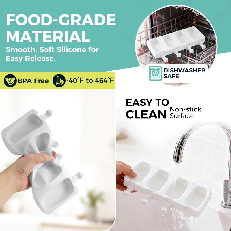 FANS-ONE 3 Set Popsicles Molds with Lids, Large Cake Pop Mold Cakesicle Mold 4 Cavities with 100 Wooden Sticks, Silicone Reusable Ice Pop Molds for Cake Pops, Ice Pops, Cakesicles, Ice Cream, White - Image 2