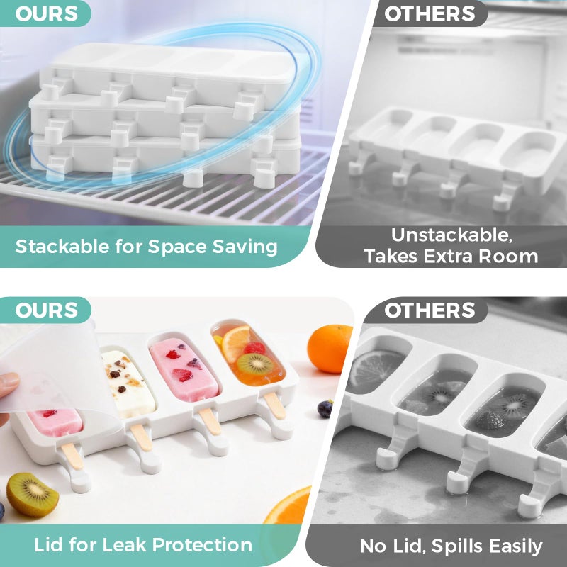 FANS-ONE 3 Set Popsicles Molds with Lids, Large Cake Pop Mold Cakesicle Mold 4 Cavities with 100 Wooden Sticks, Silicone Reusable Ice Pop Molds for Cake Pops, Ice Pops, Cakesicles, Ice Cream, White - Image 4