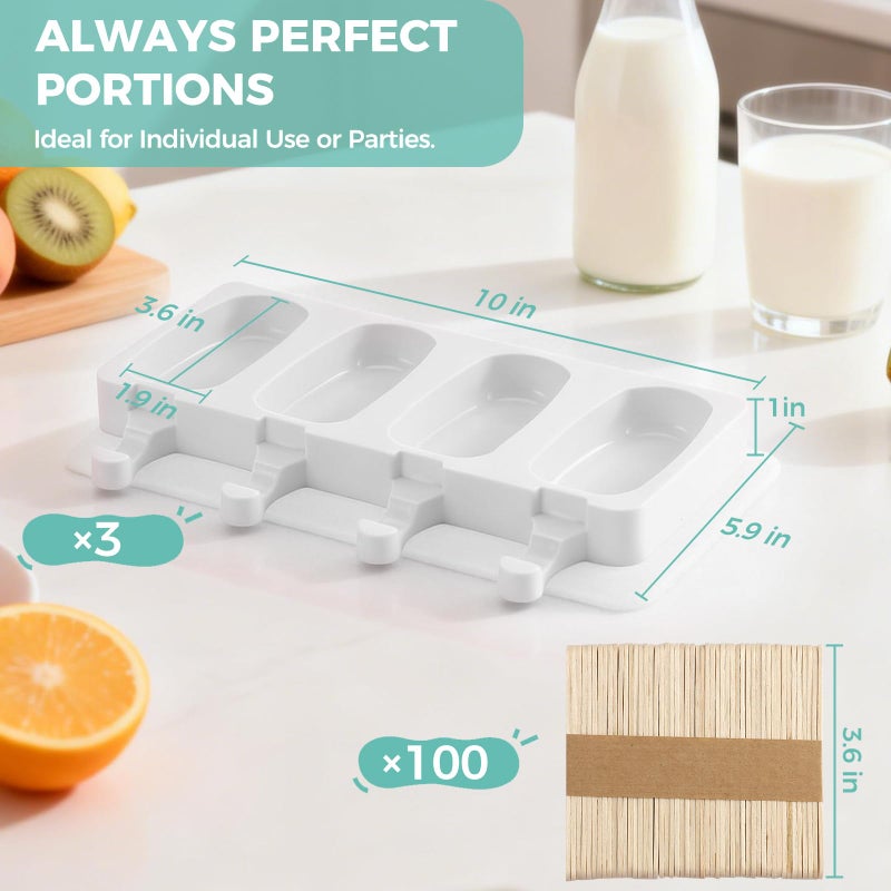 FANS-ONE 3 Set Popsicles Molds with Lids, Large Cake Pop Mold Cakesicle Mold 4 Cavities with 100 Wooden Sticks, Silicone Reusable Ice Pop Molds for Cake Pops, Ice Pops, Cakesicles, Ice Cream, White - Image 3