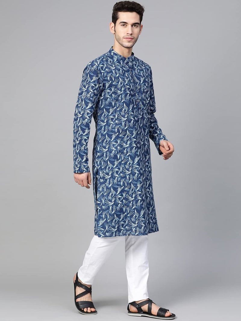 See Designs Blue & White Cotton Regular Fit Printed Kurta Set_SDKT88301XL - Image 5