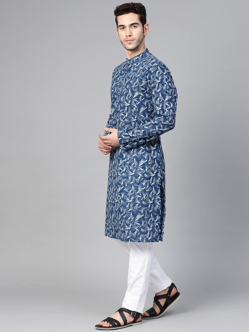 See Designs Blue & White Cotton Regular Fit Printed Kurta Set_SDKT88301XL - Image 4